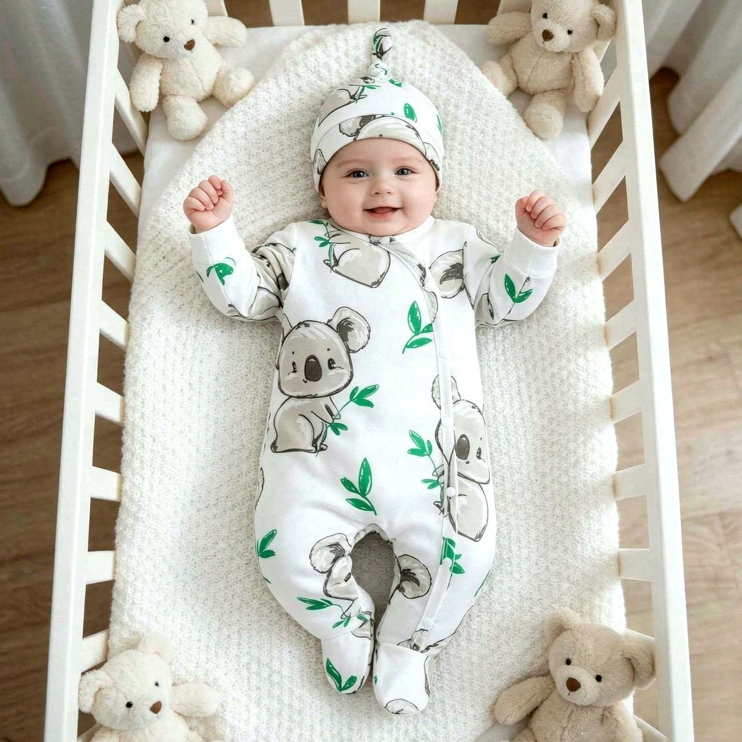2PCS Casual Cute Koala Printed Long Sleeve Baby Jumpsuit