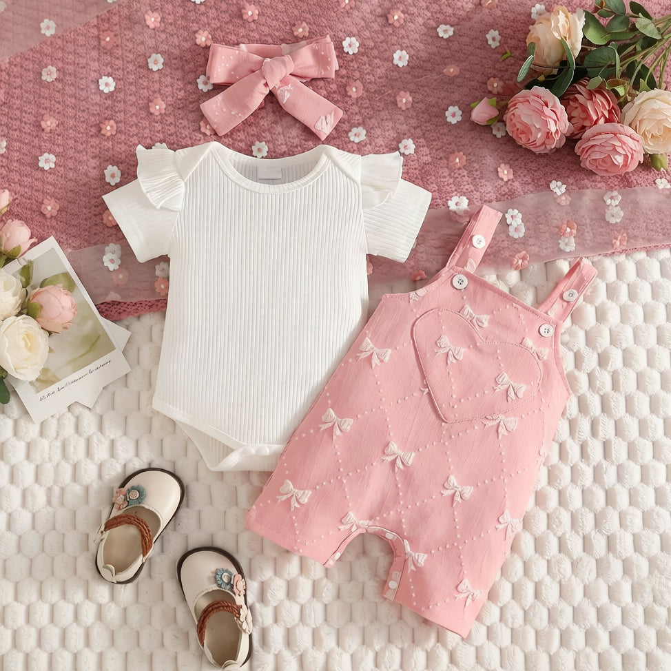 3PCS Pretty Bowknot Appliqué Short Sleeve Overalls Baby Set