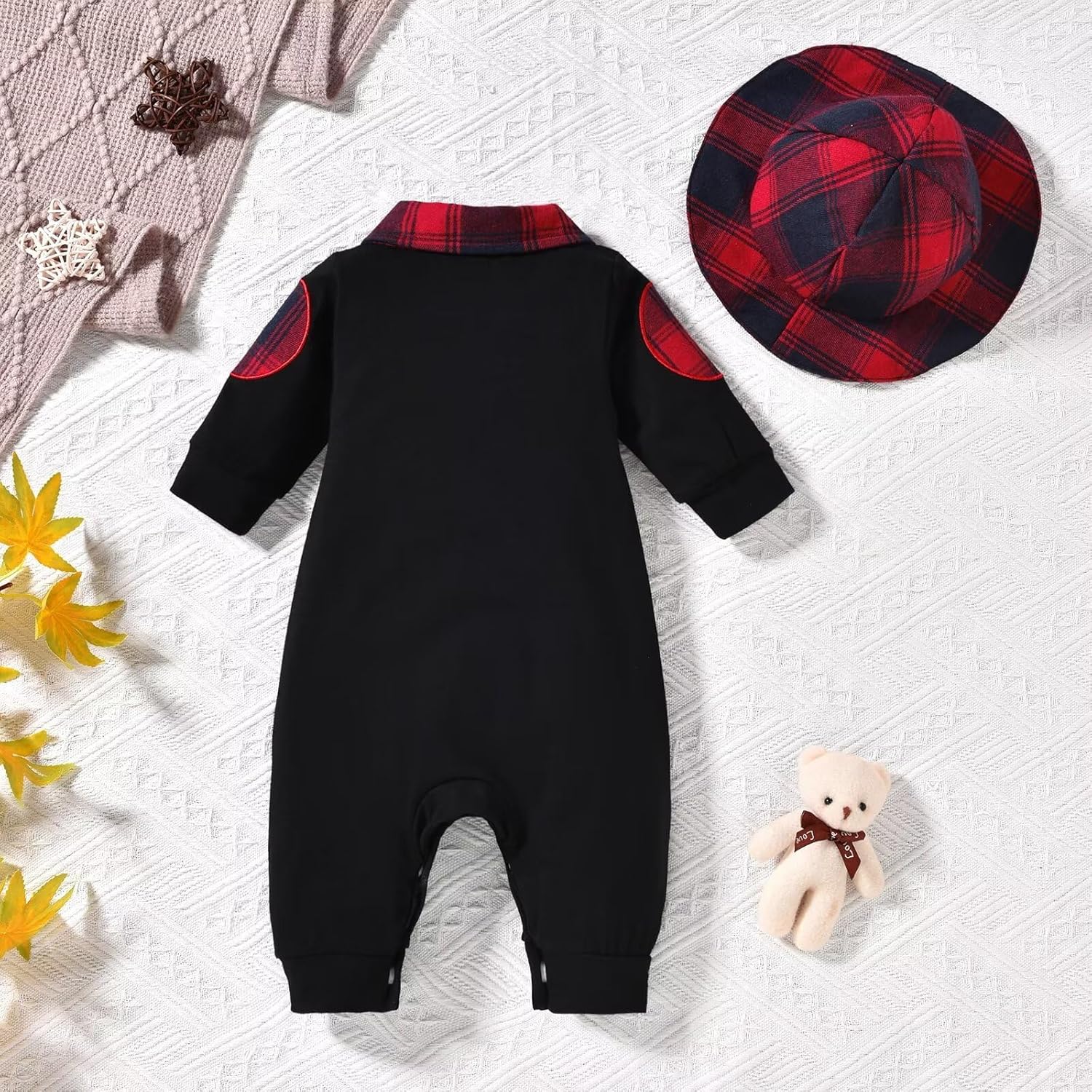 2PCS Stylish Plaid Print Long Sleeve Baby Jumpsuit