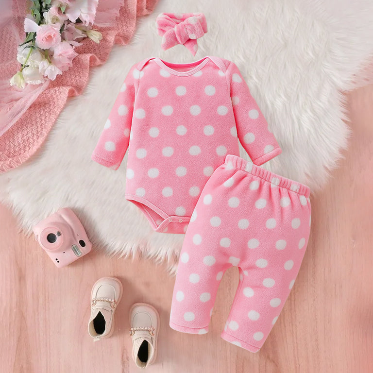 3PCS Soft Plush Polka Dot Print Long Sleeve Baby Set