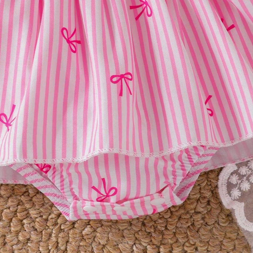 2PCS Gorgeous Stripe Bow Print Short Sleeve Baby Romper