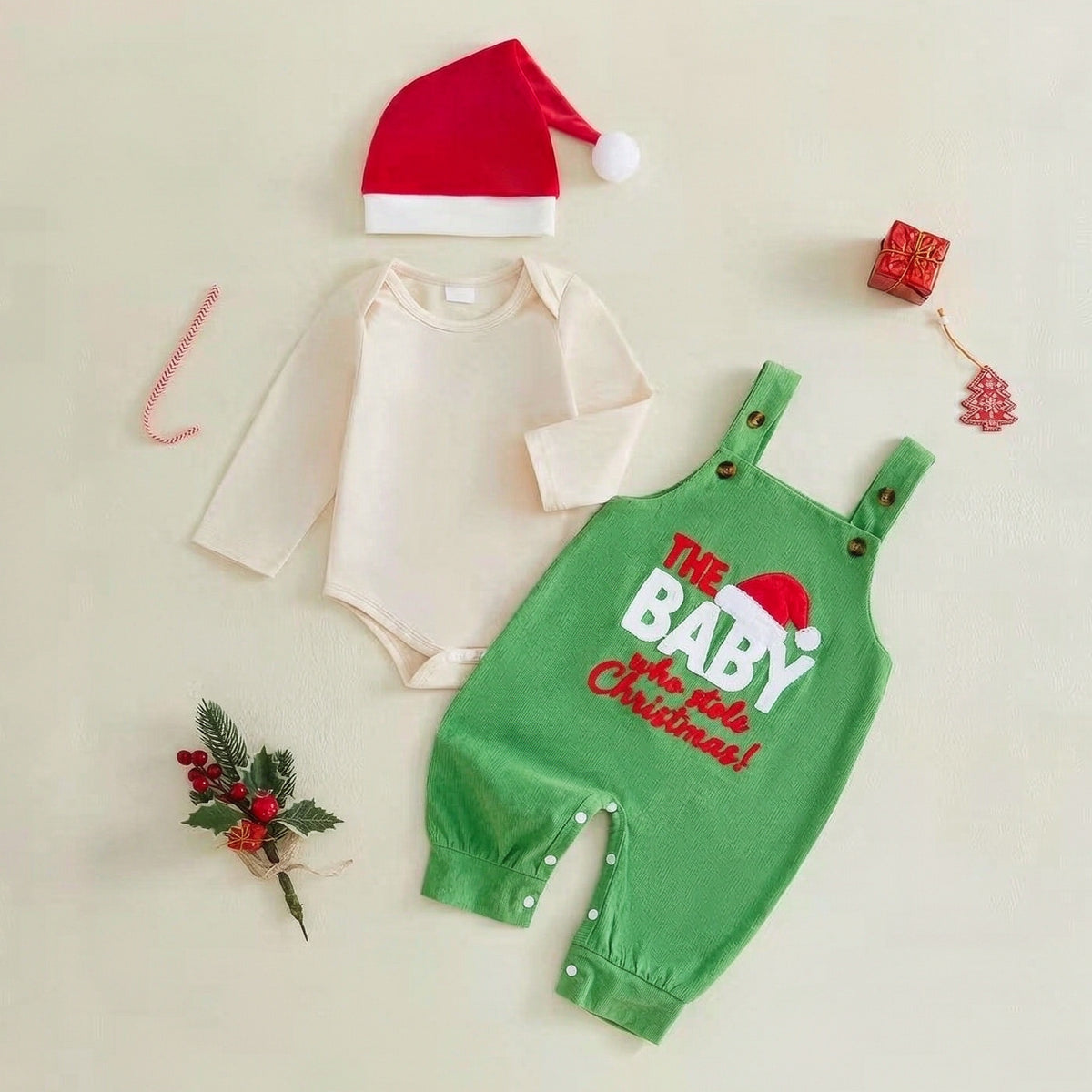 3PCS Cute Letter Santa Hat Applique Overalls Baby Christmas Set