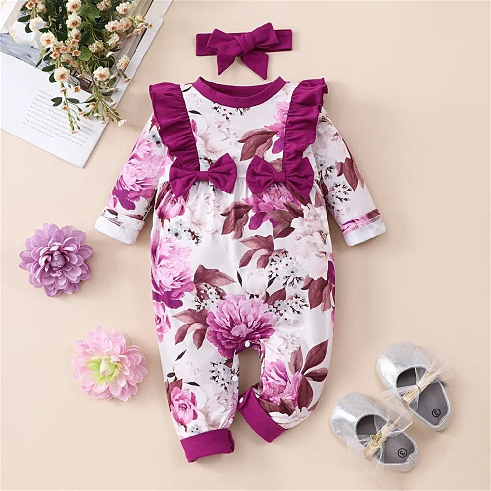 2PCS Trendy Floral Print Ruffle Trim Long Sleeve Baby Jumpsuit