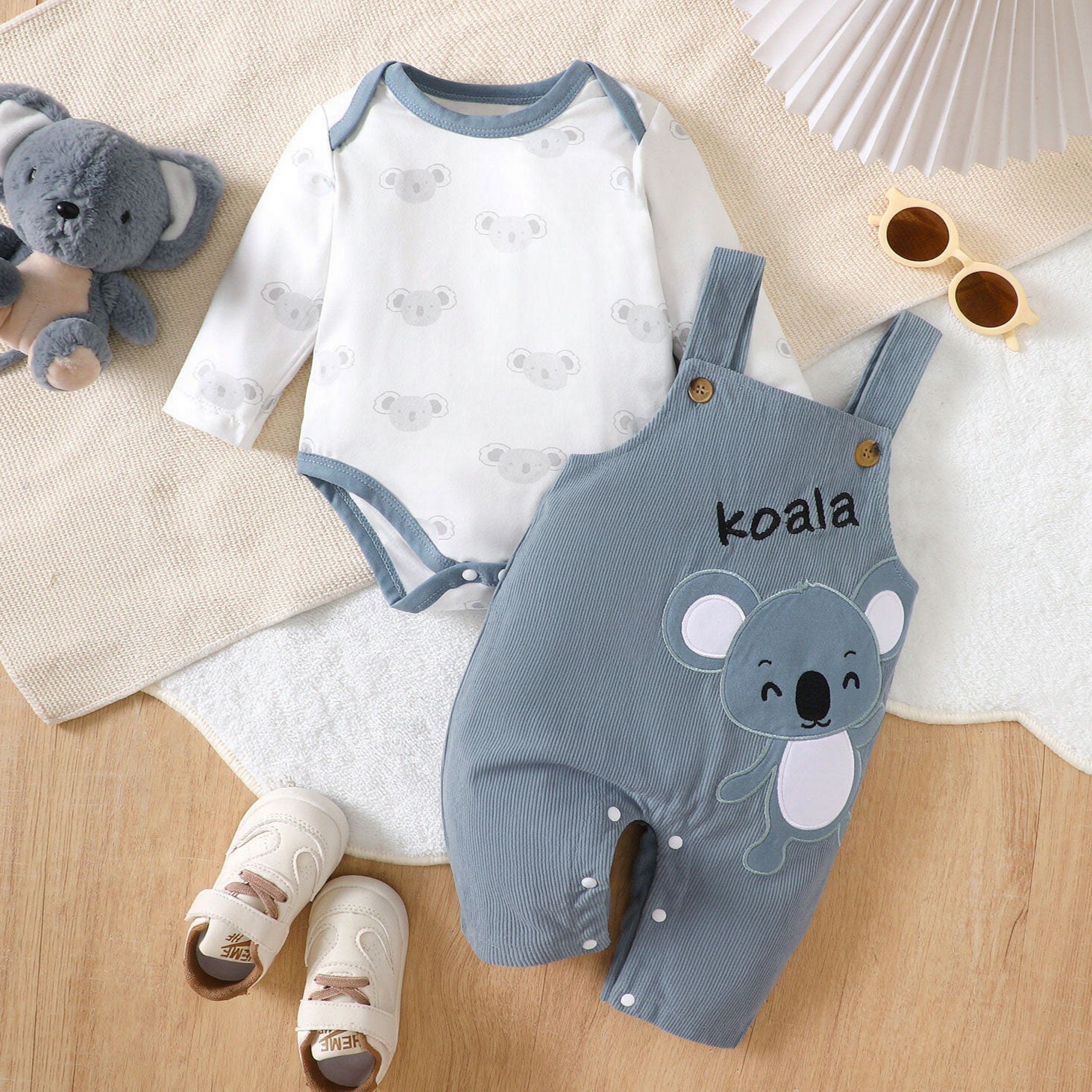 2PCS Lovely Koala Embroidery Long Sleeve Baby Overalls Set
