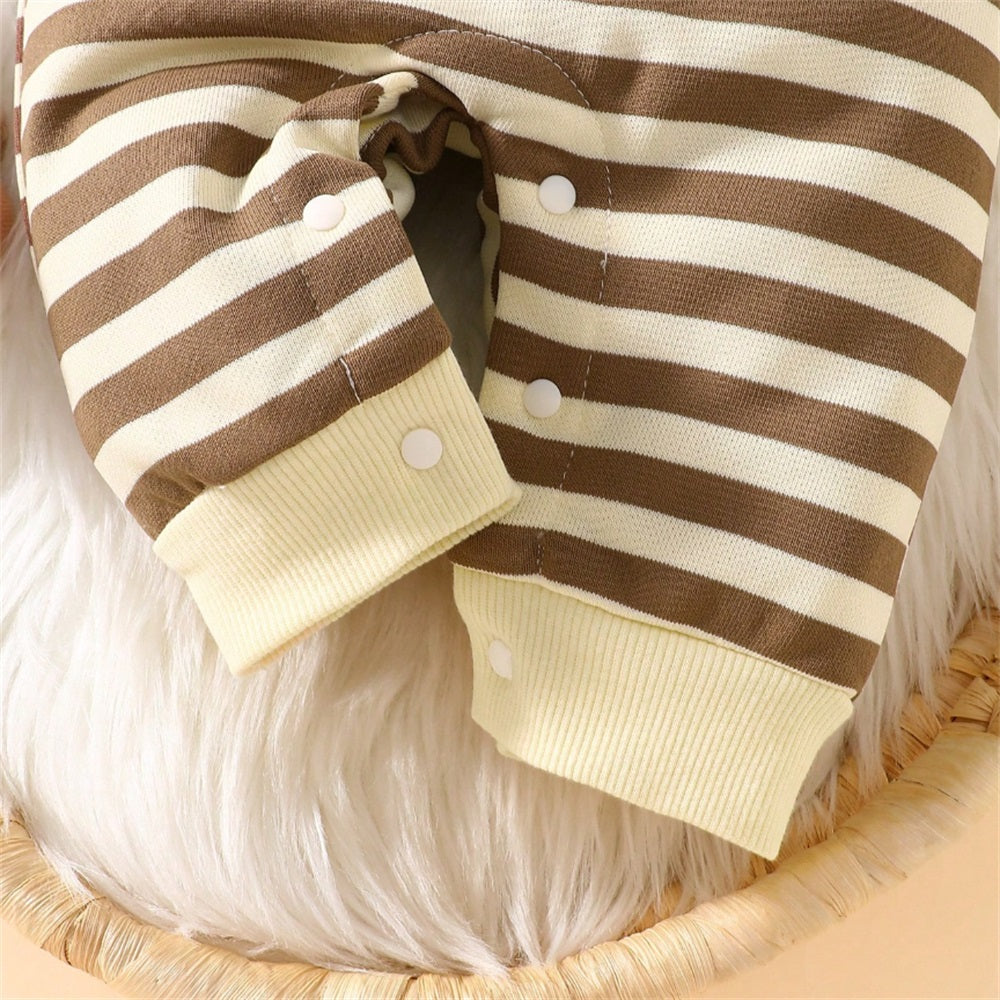 2PCS Cartoon Bear Embroidery striped Long Sleeve Baby Jumpsuit