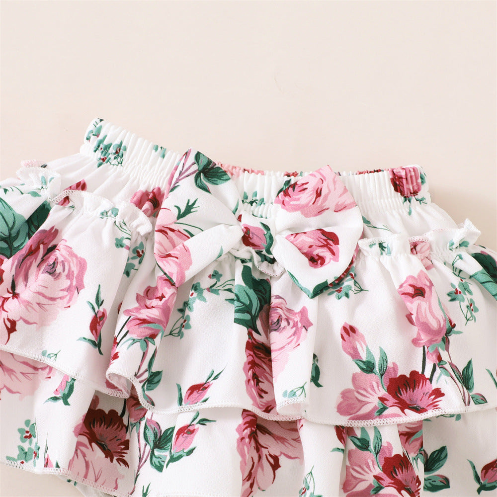 3PCS Floral Printed Ruffle Bowknot Short Sleeve Baby Set