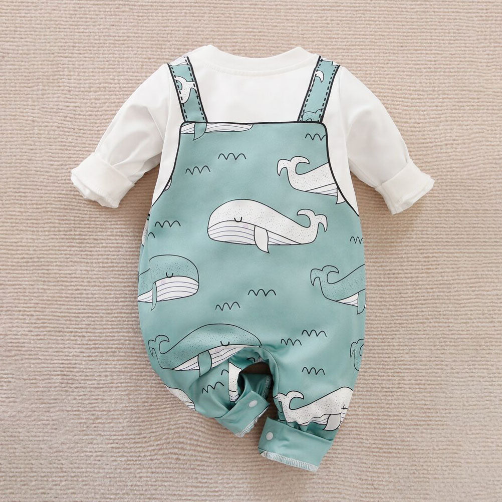 Cute Whale Printed Long Sleeve Baby Jumpsuit