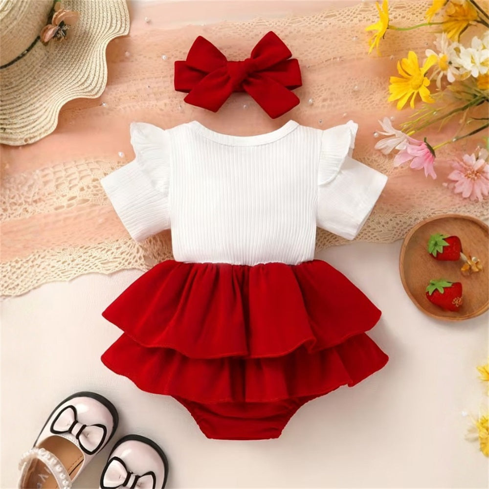 2PCS Cute Strawberry Embroidery Short Sleeve Baby Romper