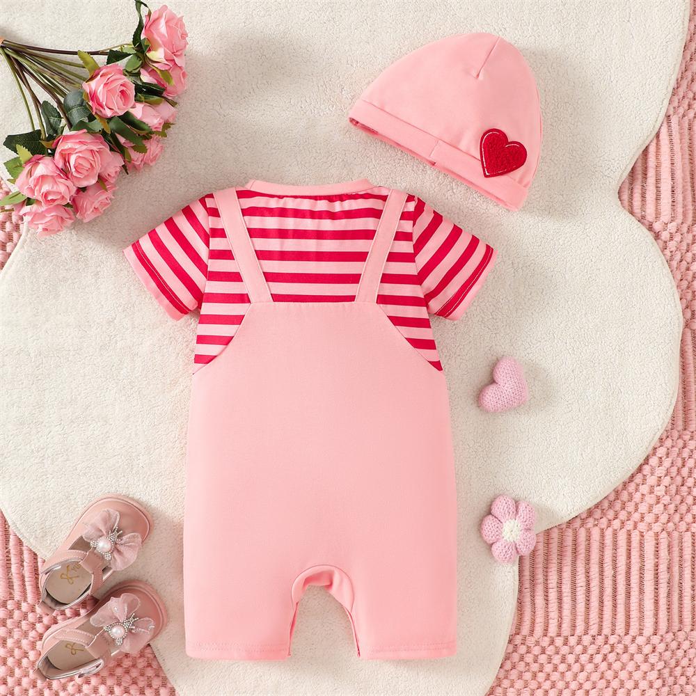 2PCS Cute Faux Layering Heart Appliqué Stripe Print Baby Jumpsuit