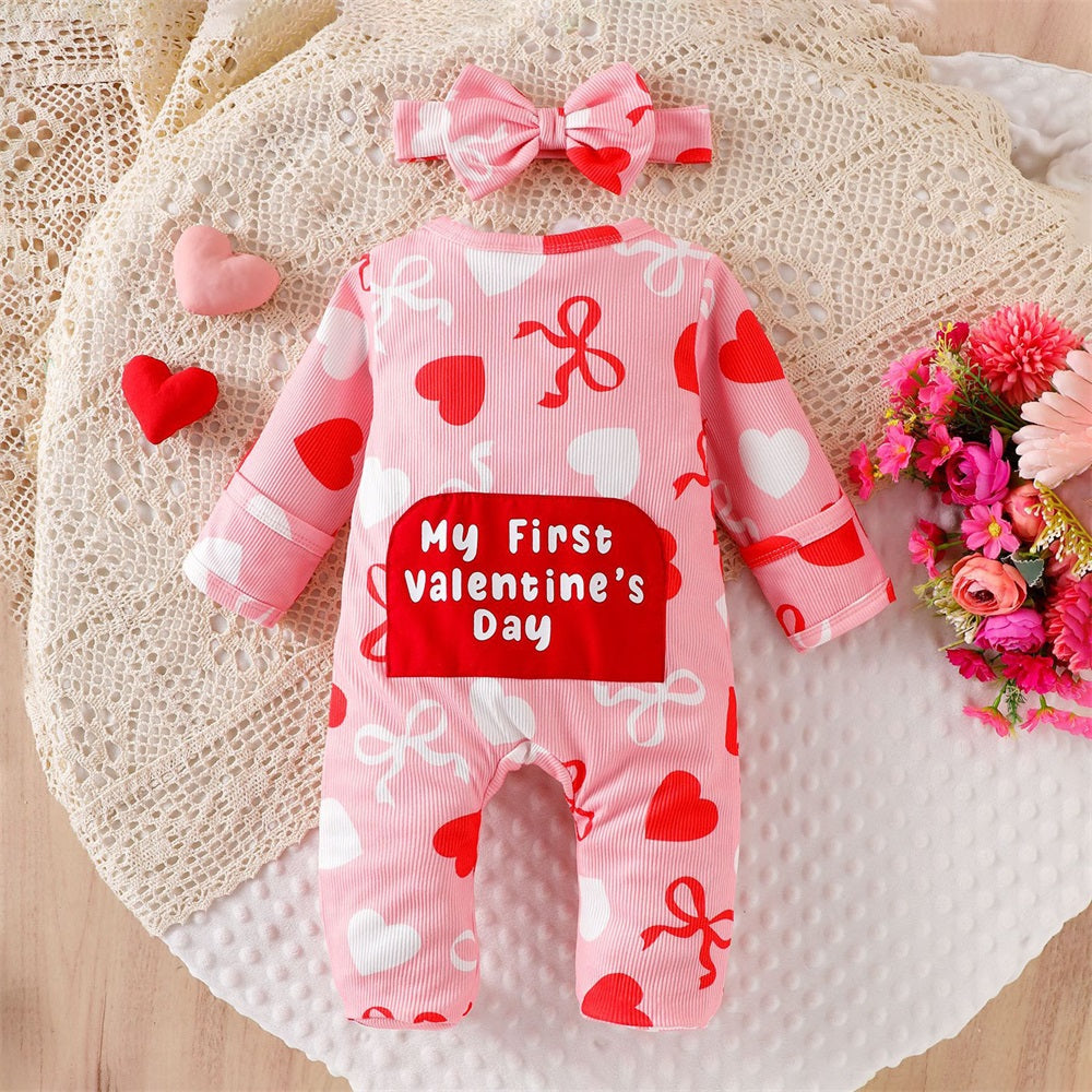 2PCS My First Valentine's Day Letter Heart Print Baby Jumpsuit