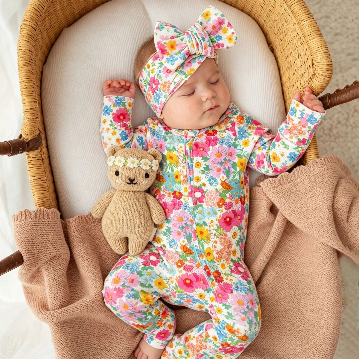 2PCS Bubbly Floral Print Ruffle Long Sleeve Zipper Baby Jumpsuit