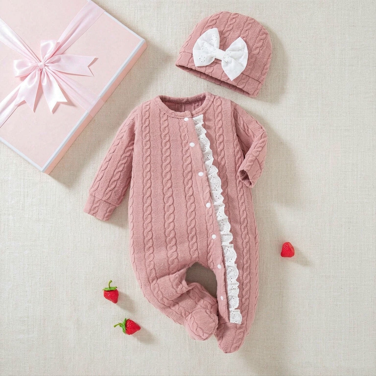 2PCS Solid Color Knit Lace Trim Long Sleeve Baby Girl Jumpsuit