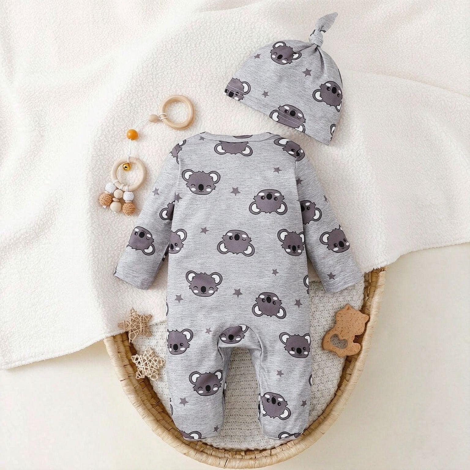 2PCS Adorable Cartoon Koala Printed Long Sleeve Baby Jumpsuit