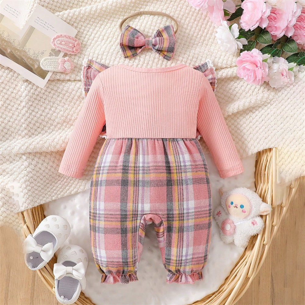 2PCS Sweet Plaid Print Ruffle Long Sleeve Baby Jumpsuit