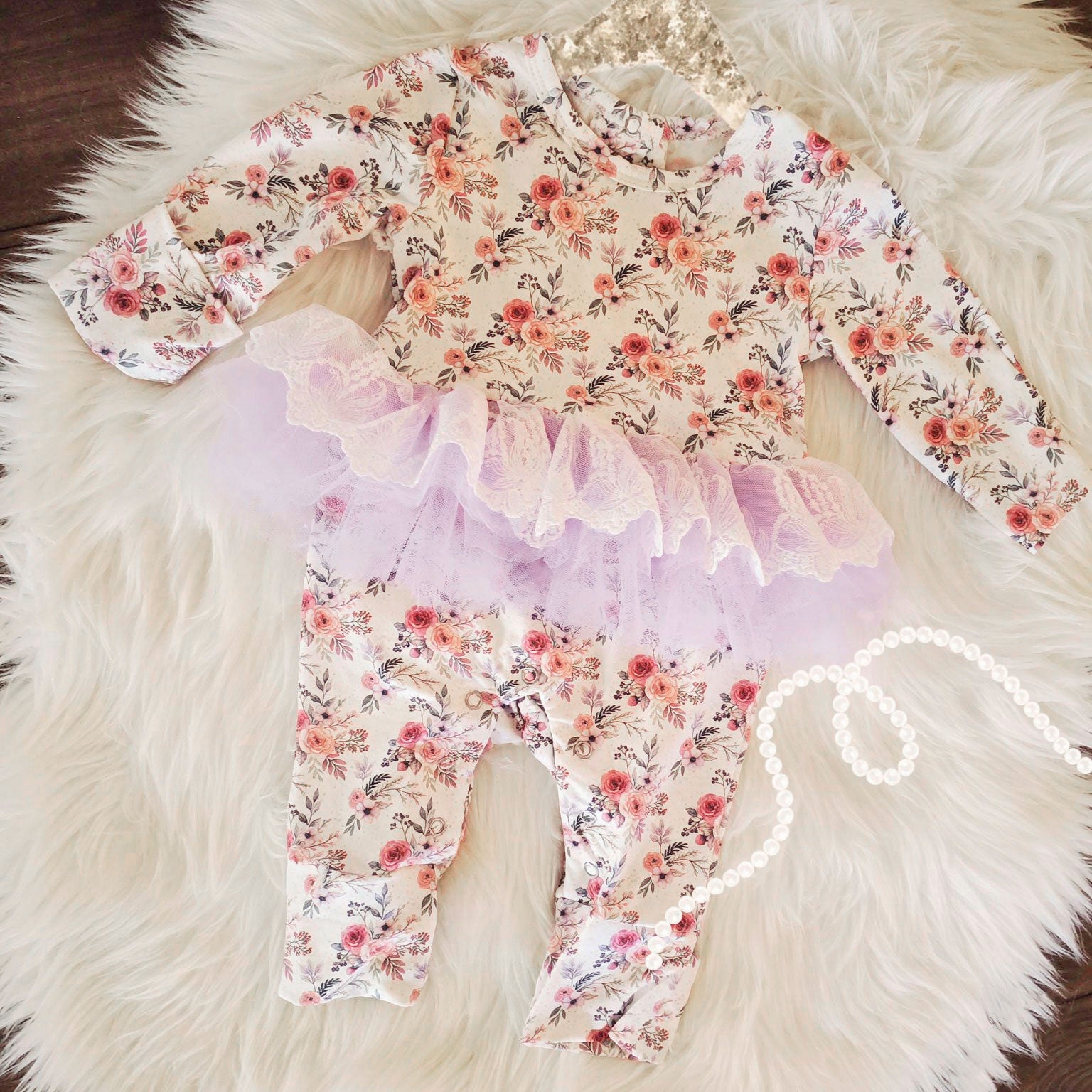 Grace Floral Printed Ruffle Lace Tulle Long Sleeve Baby Jumpsuit