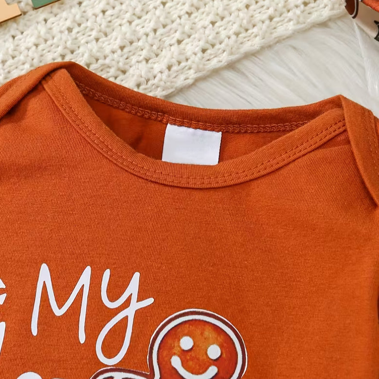 3PCS My First Christmas Letter Gingerbread Printed Overalls Baby Set