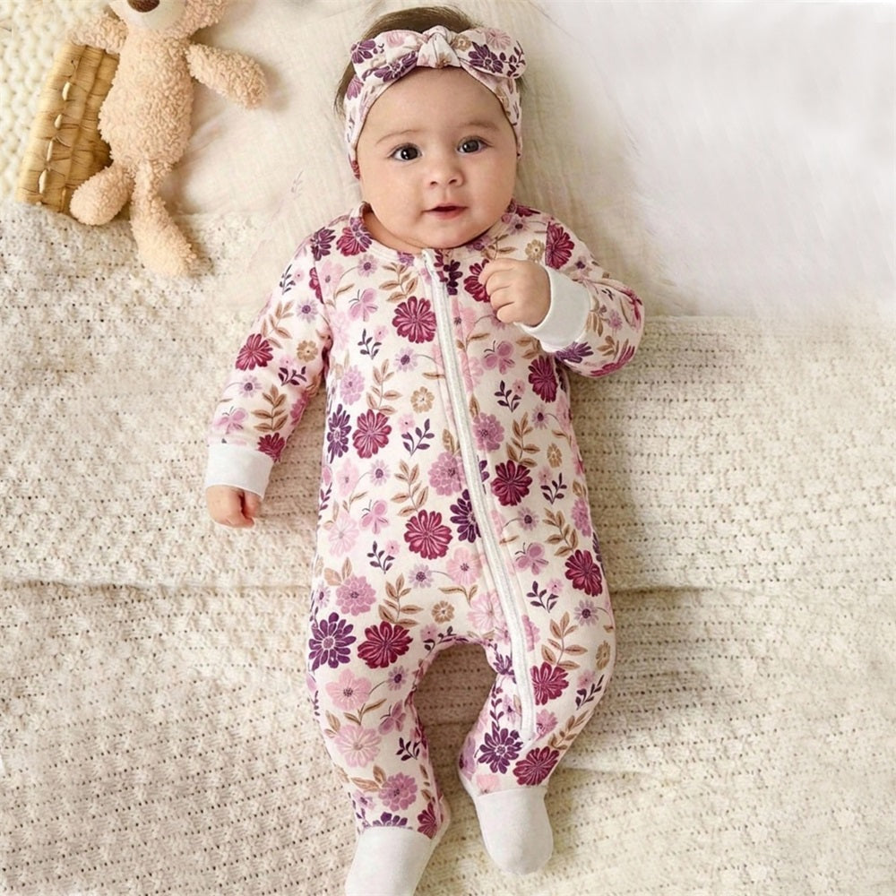 2PCS Casual Floral Printed Long Sleeve Zipper Baby Jumpsuit