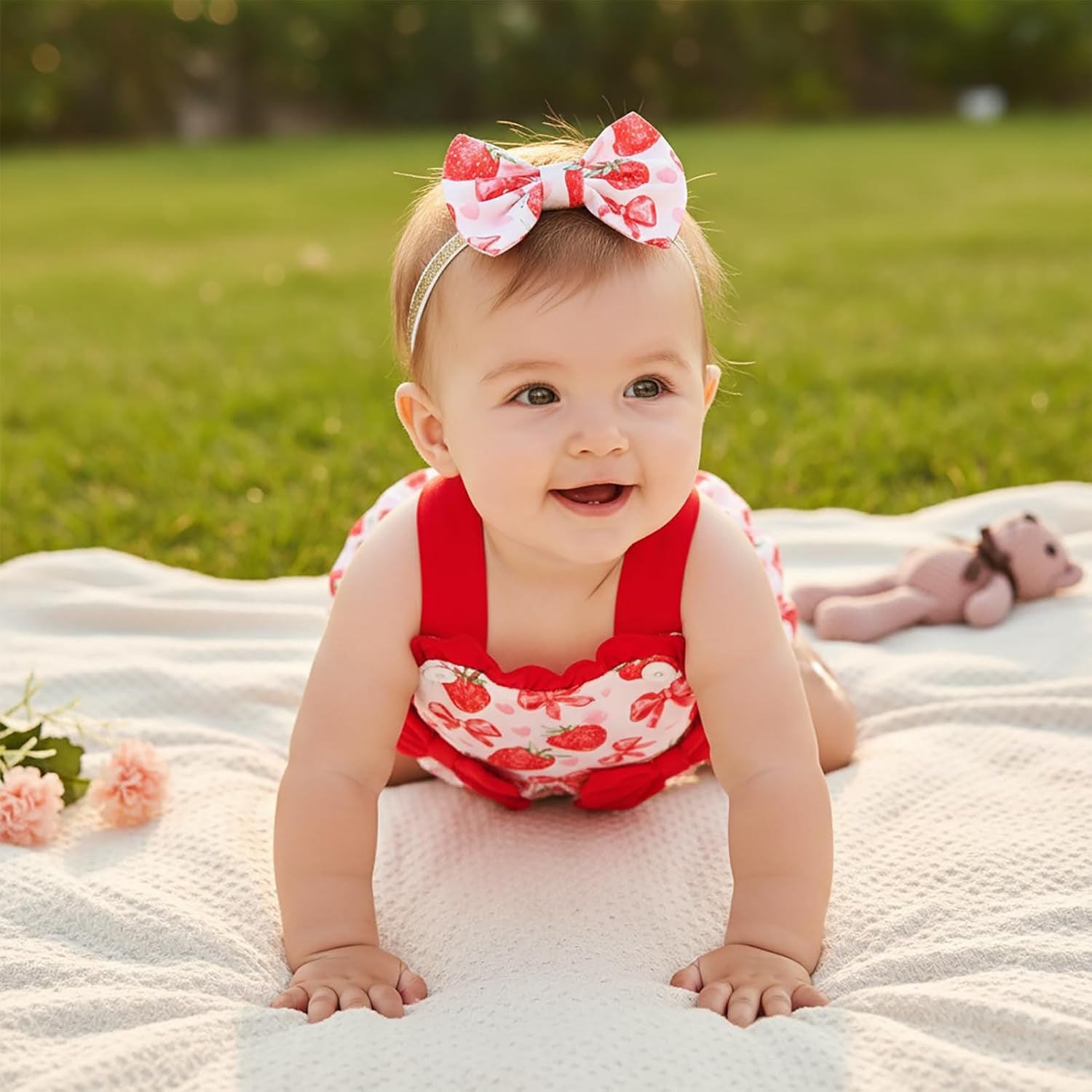2PCS Sweet Strawberry & Bow Printed Sleeveless Baby Romper