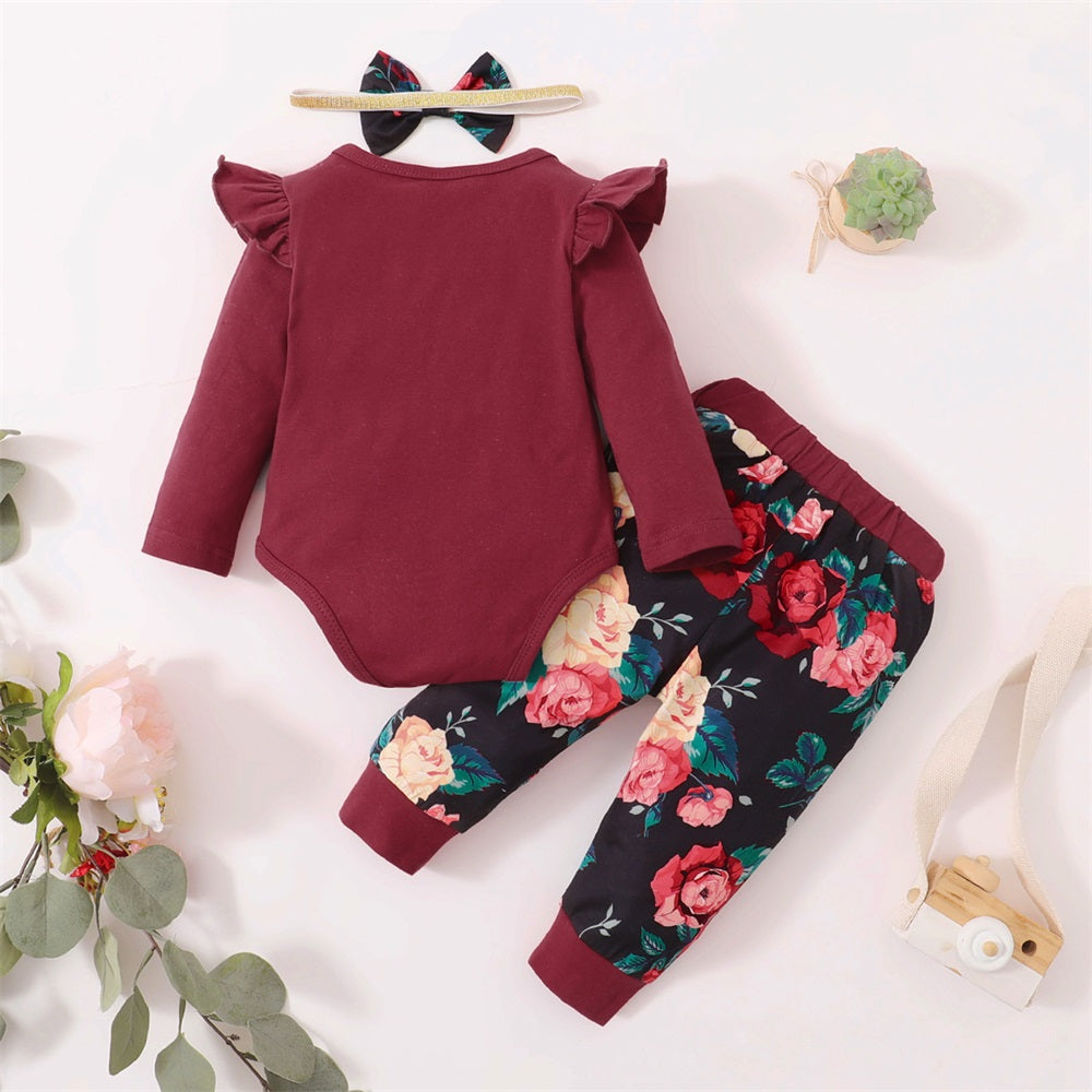 3PCS Mama's Bestie Letter Floral Print Long Sleeve Baby Set