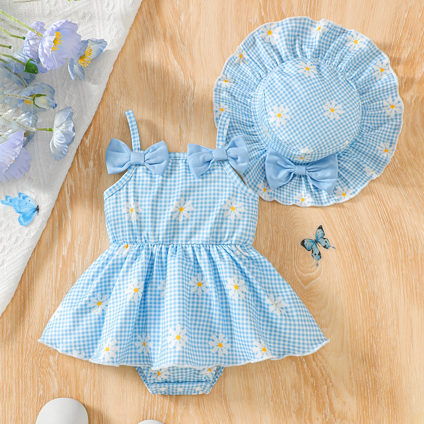 2PCS Chic Daisy & Plaid Print Sleeveless Baby Romper With Hat