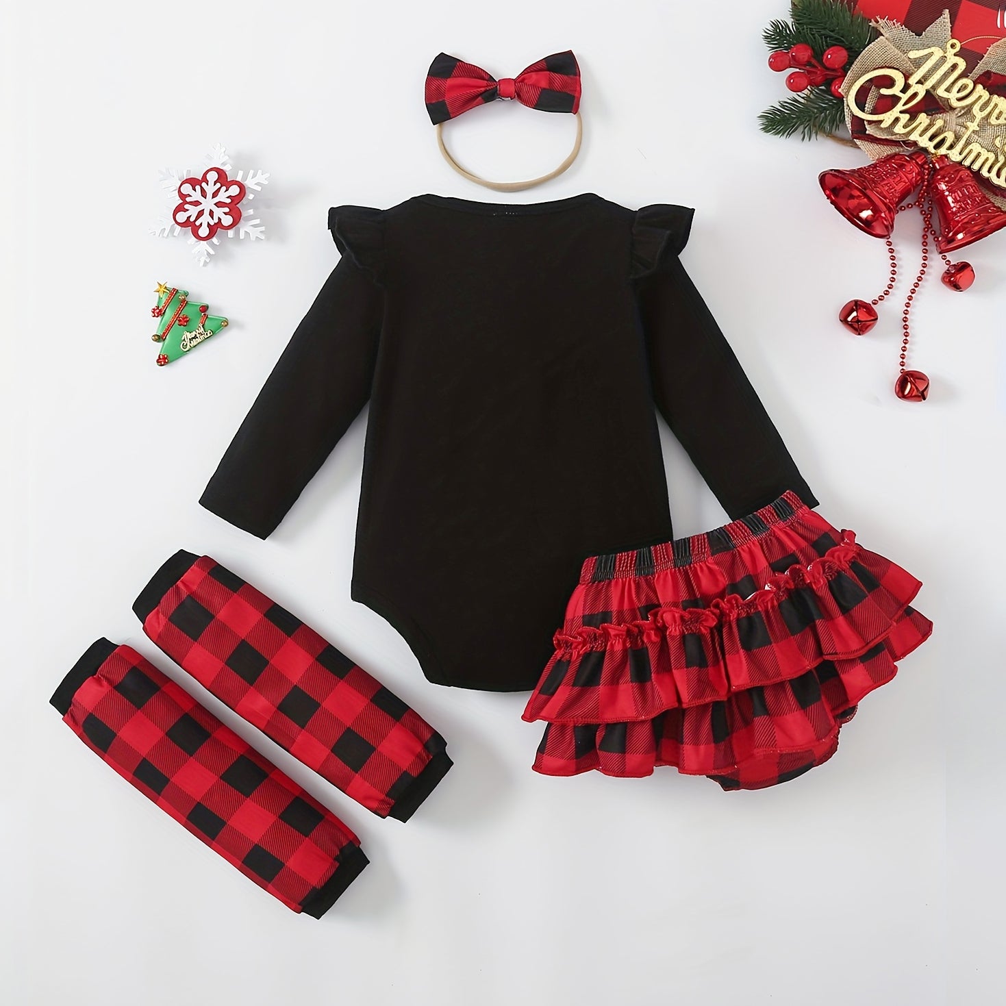 4PCS My 1st Christmas Letter Plaid Printed Long Sleeve Baby Set