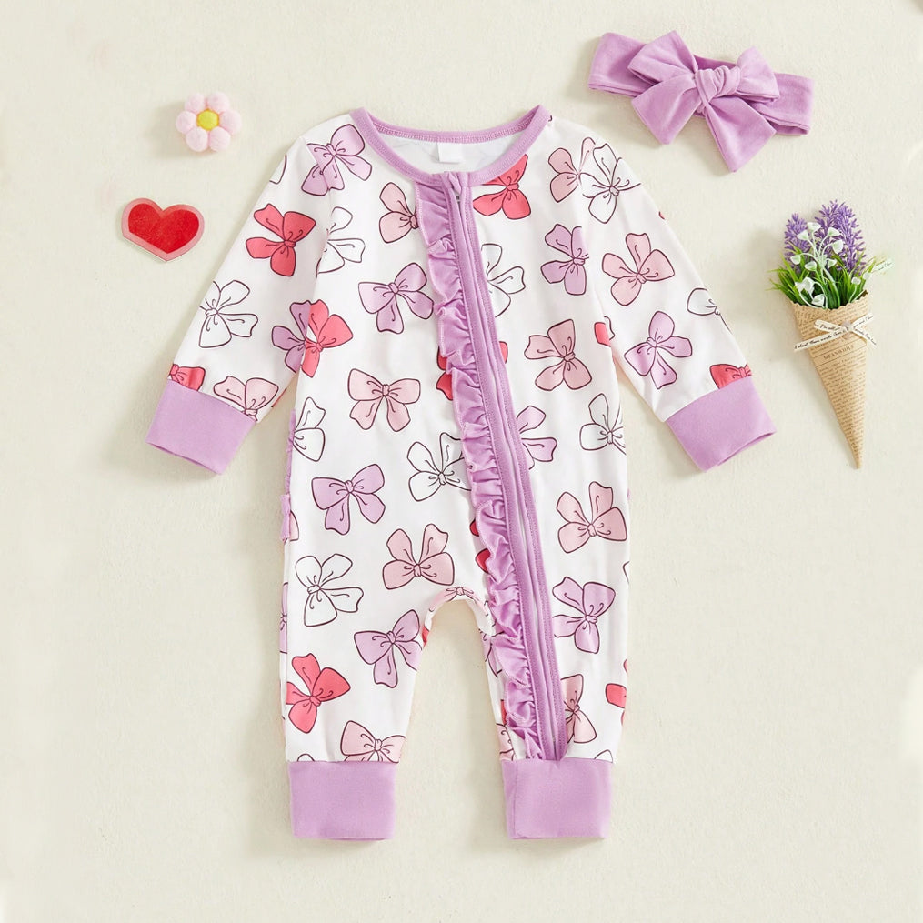 2PCS Elegant Bow Printed Zipper Baby Girl Jumpsuit