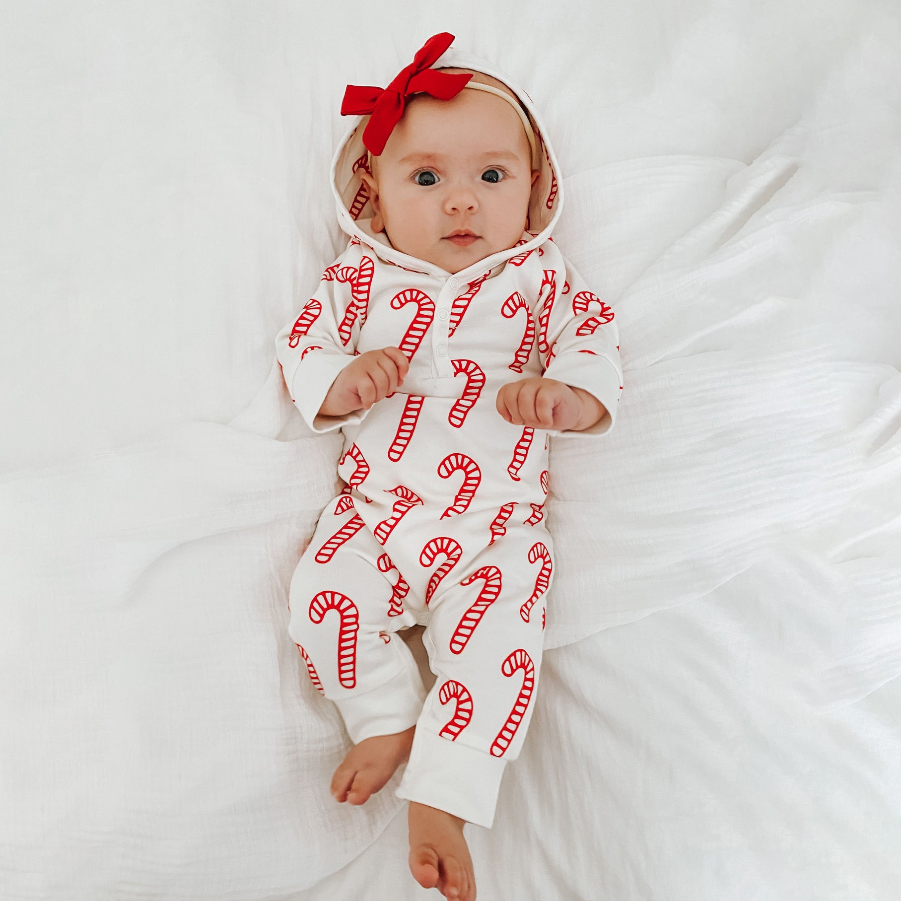 Fashion Candy Cane Printed Long Sleeve Hoodie Baby Jumpsuit