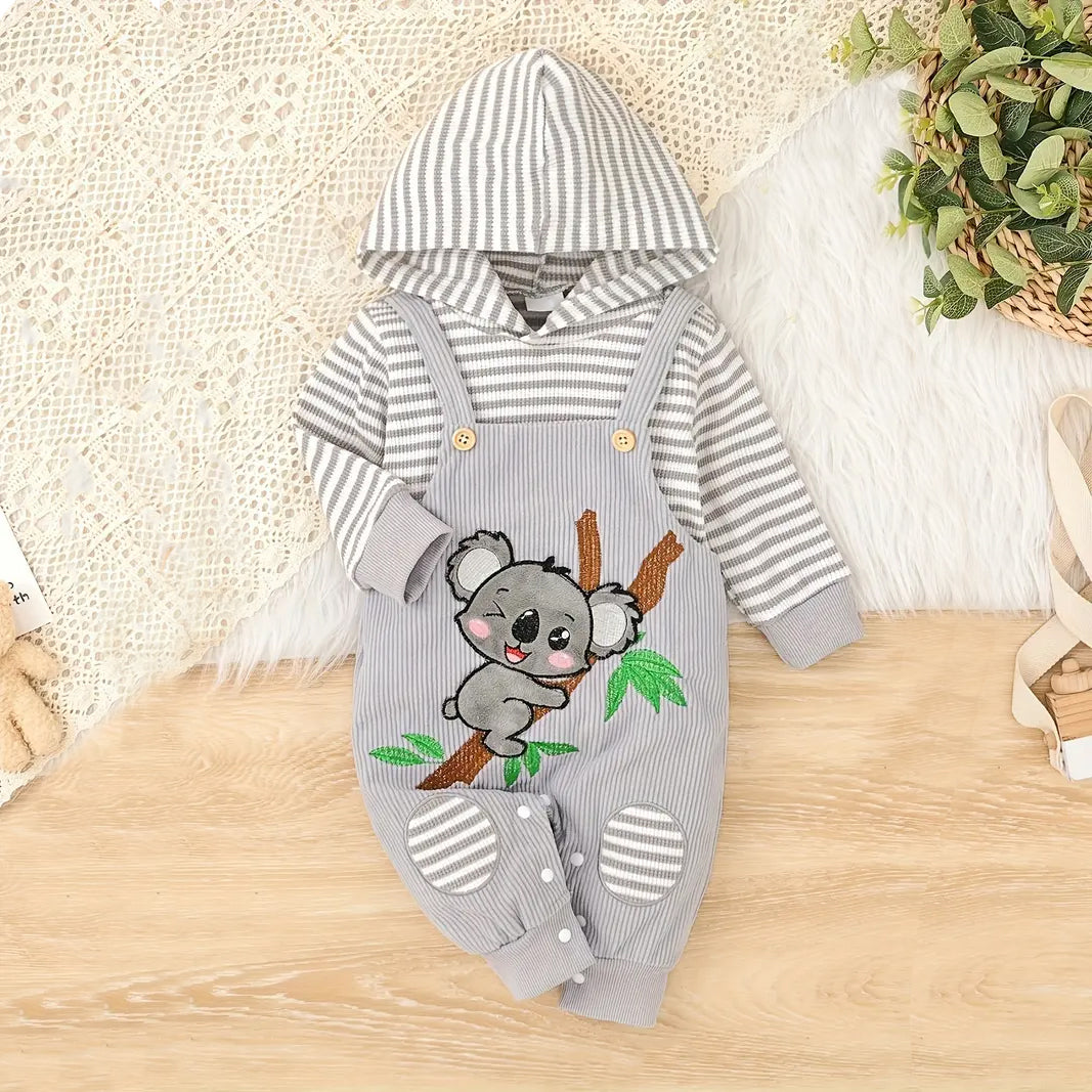 Cute Koala Stripe Printed Faux Two-piece Hooded Baby Jumpsuit