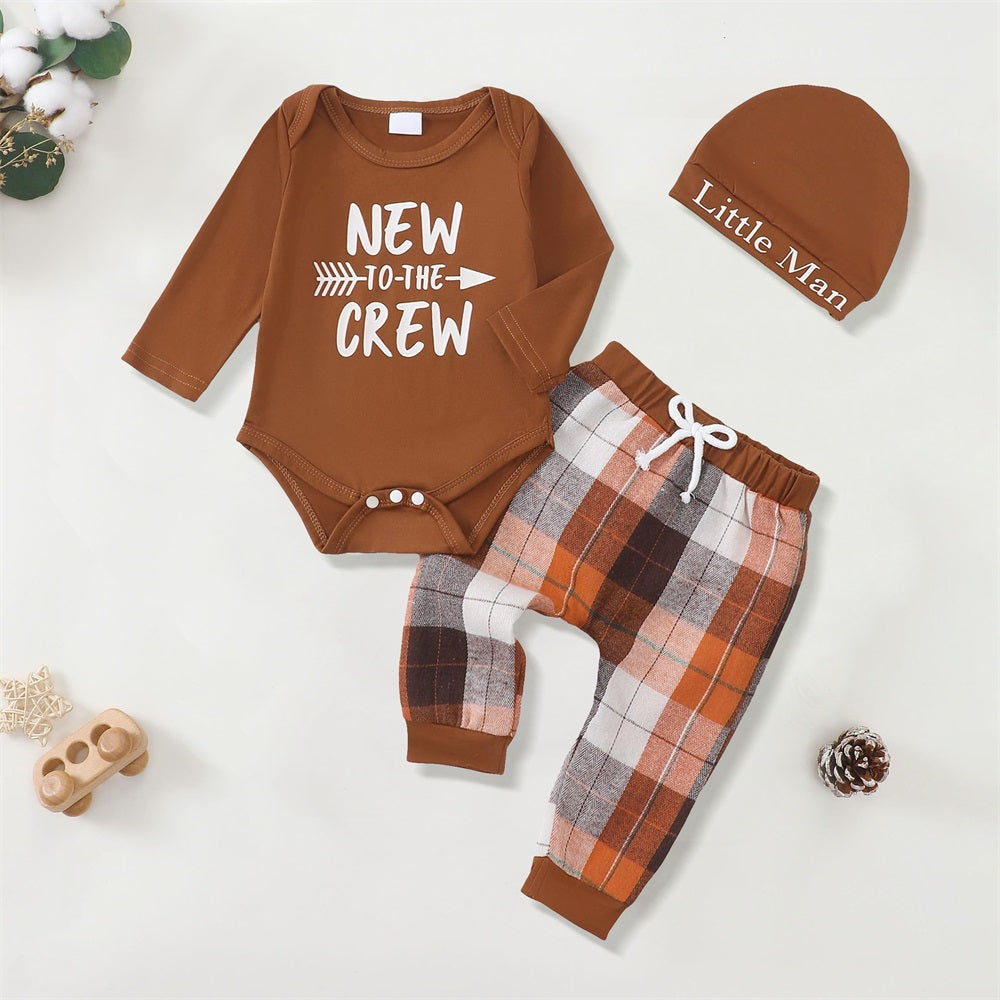 3PCS New To The Crew Letter Print Plaid Baby Set