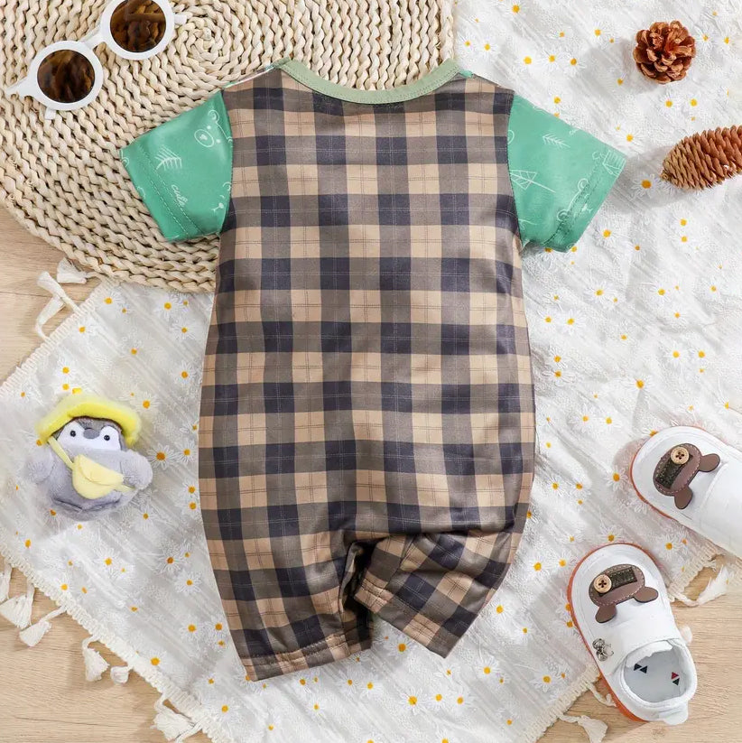 Cute Cartoon Plaid Bear Printed Short Sleeve Baby Jumpsuit