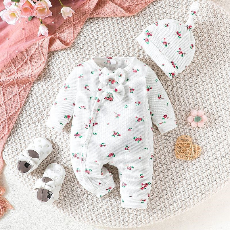 2PCS Baby Girl Ditsy Floral Print Waffle Long Sleeve Jumpsuit