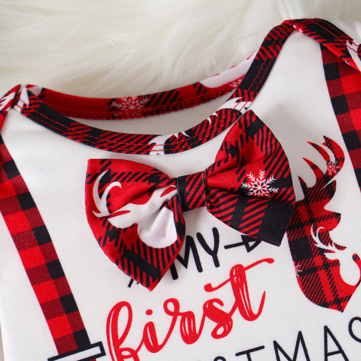 2PCS My First Christmas Letter Reindeer Plaid Print Baby Boy Jumpsuit