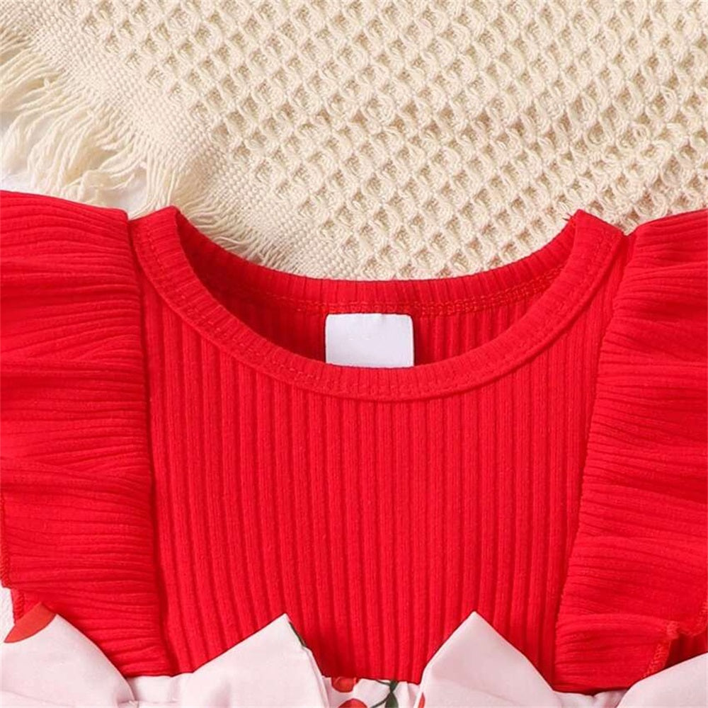 2PCS Cute Cherry Printed Ruffled Sleeveless Baby Romper