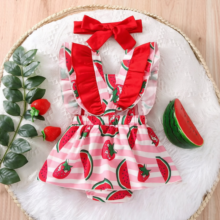 2PCS Lovely Watermelon Print Flutter Sleeve Baby Romper