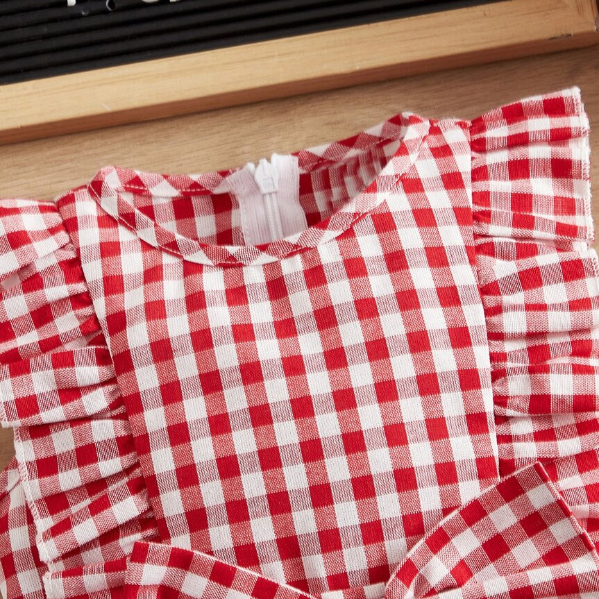 Chic Plaid Print Ruffle Trim Flutter Sleeve Baby Jumpsuit