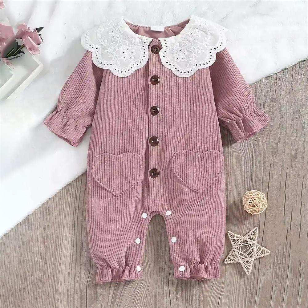 Solid Color Corduroy Long Sleeve Lace Collar Baby Jumpsuit