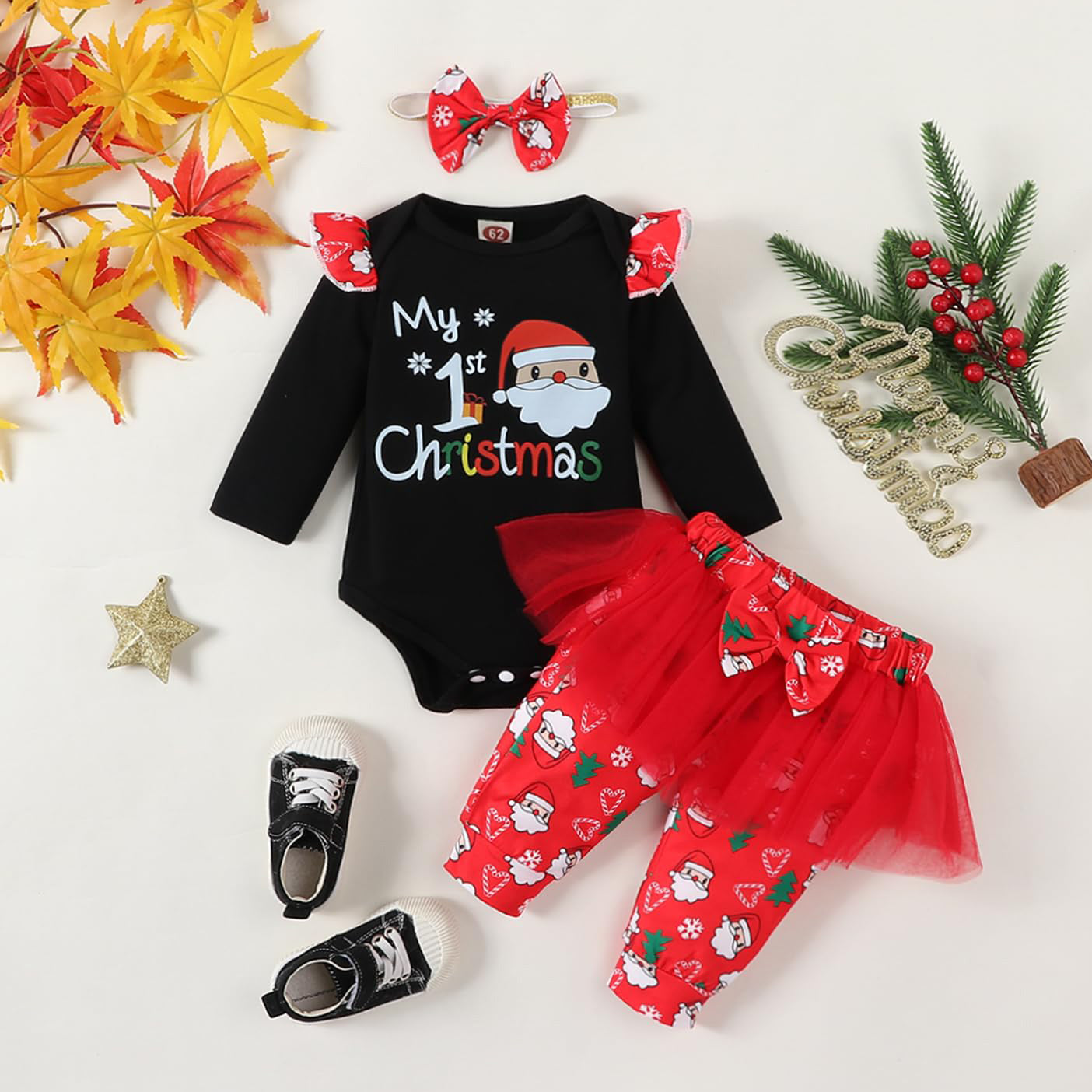 3PCS My 1st Christmas Santa Claus Print Ruffle Long Sleeve Baby Set