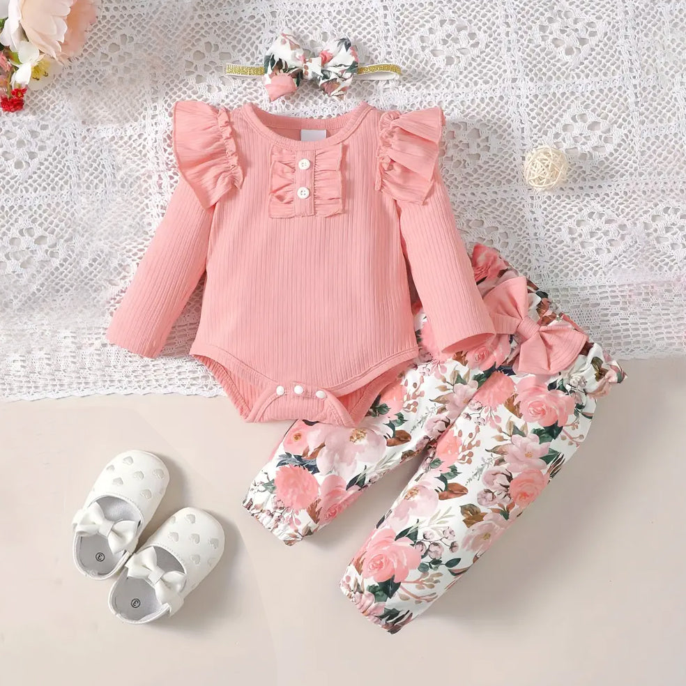 3PCS Elegant Floral Printed Long Sleeve Baby Set