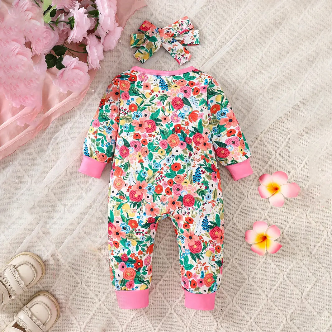 2PCS Allover Floral Printed Long Sleeve Baby Jumpsuit