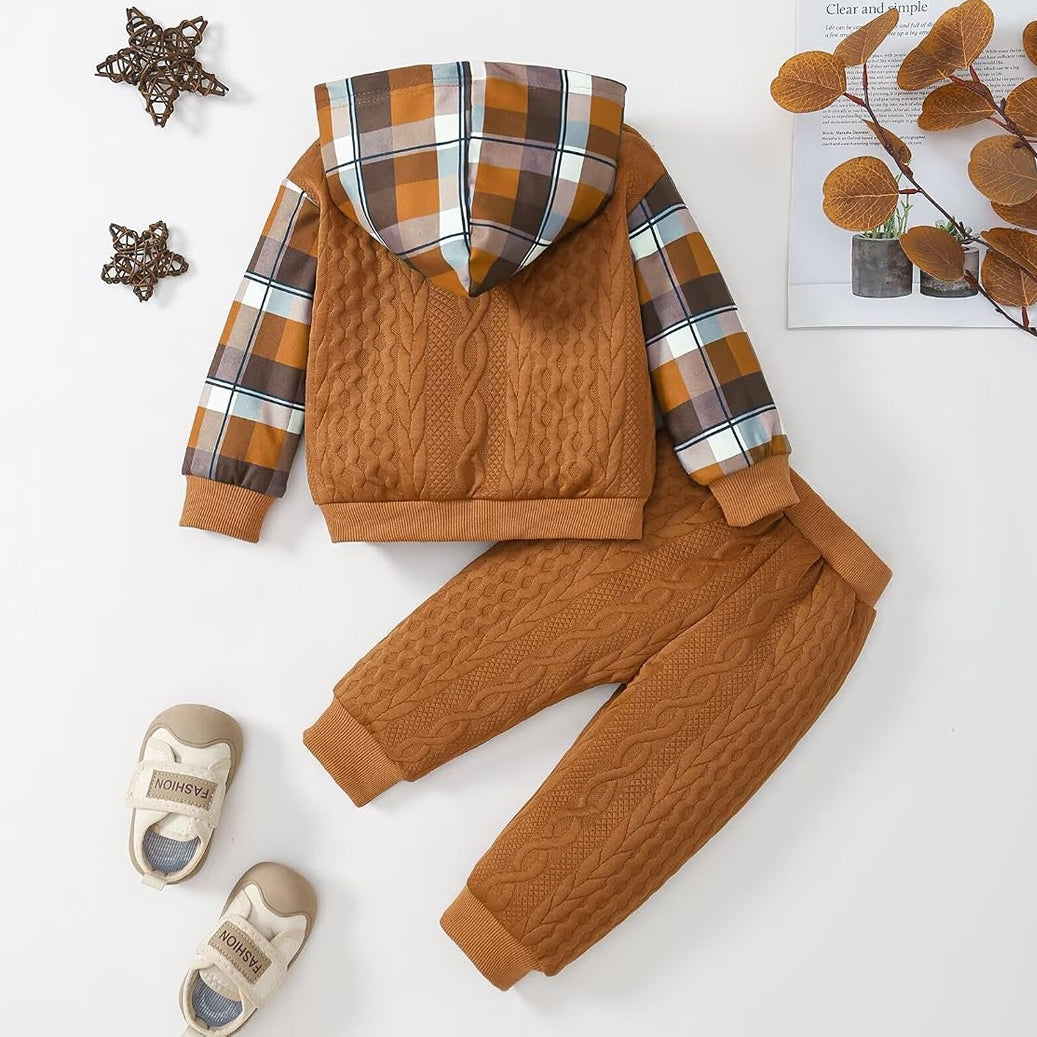 2PCS Vintage Plaid Print Long Sleeve Hoodie Baby Boy Set