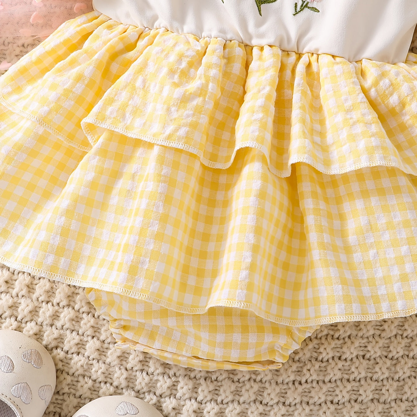 2PCS Floral Embroidery Plaid Print Short Sleeve Baby Romper