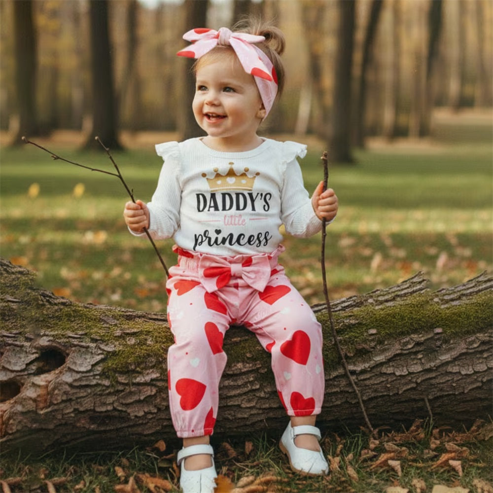 3PCS Daddy's Little Princess Letter Heart Print Long Sleeve Baby Set