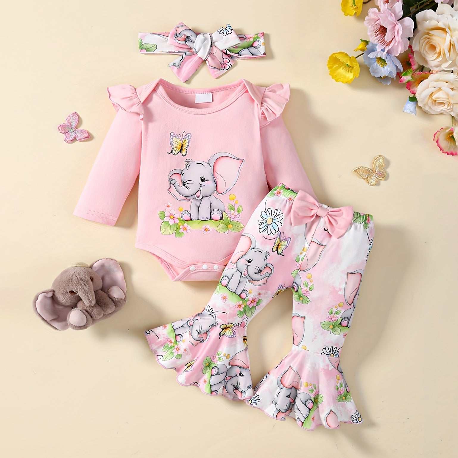 3PCS Sweet Elephant Floral Printed Long Sleeve Baby Set