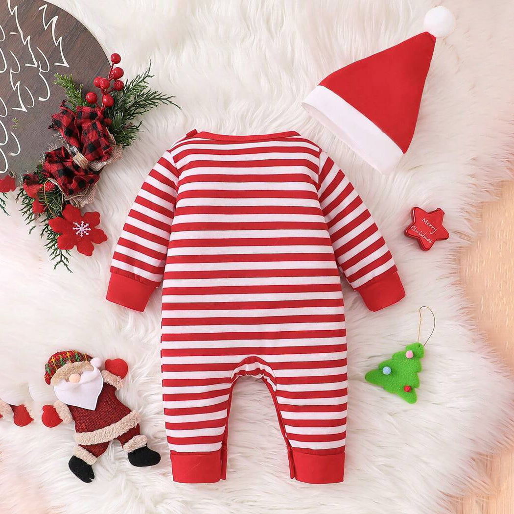 2PCS Stripe Printed Bear Embroidered Long Sleeve Baby Jumpsuit