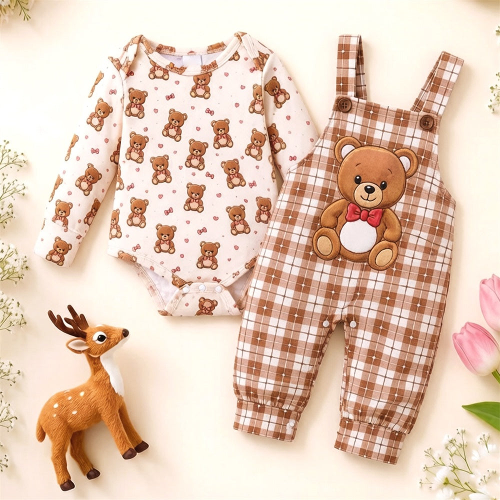 2PCS Adorable Bear Print Long Sleeve Baby Overalls Set
