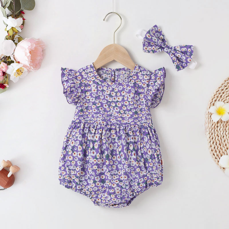 2PCS Cute Floral Printed Sleeveless Romper with Headband