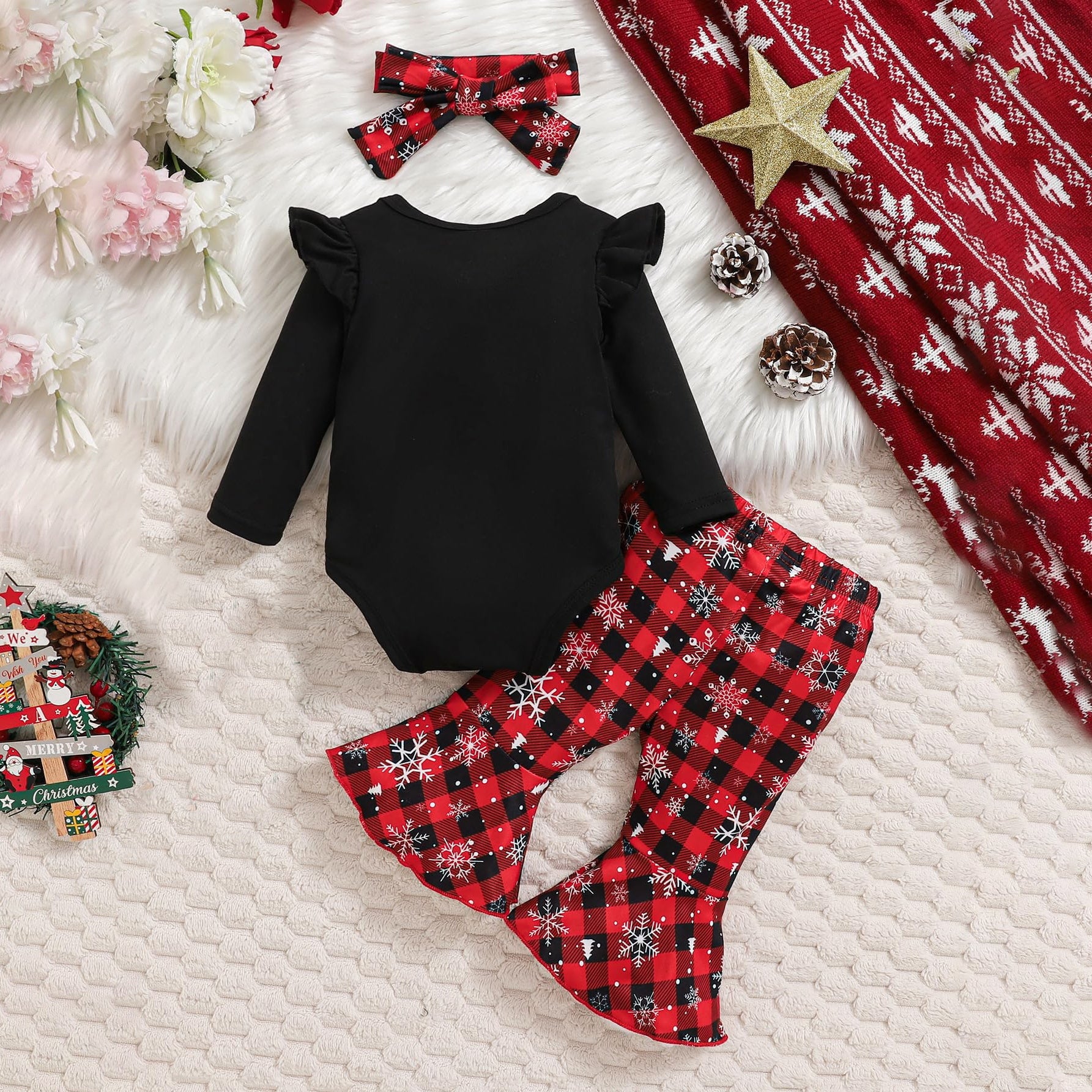 3PCS Cute My 1st Christmas Letter Plaid Printed Baby Set