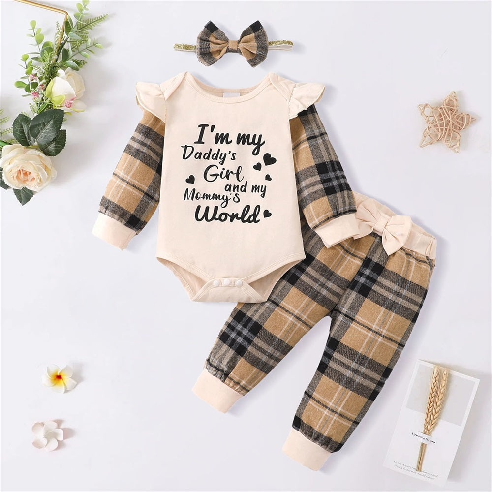 3PCS I'm My Daddy's Girl Letter Plaid Print Long Sleeve Baby Set