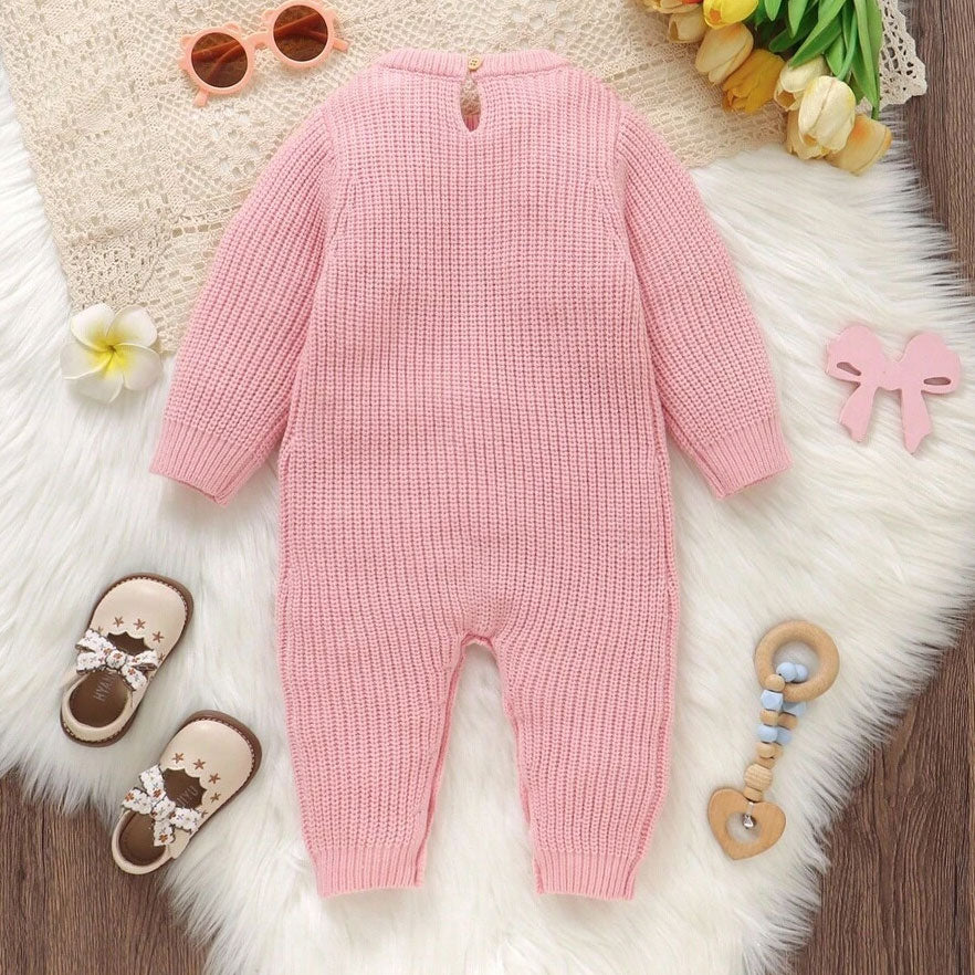 Adorable Solid Color Bowknot Appliqué Knit Long Sleeve Baby Jumpsuit