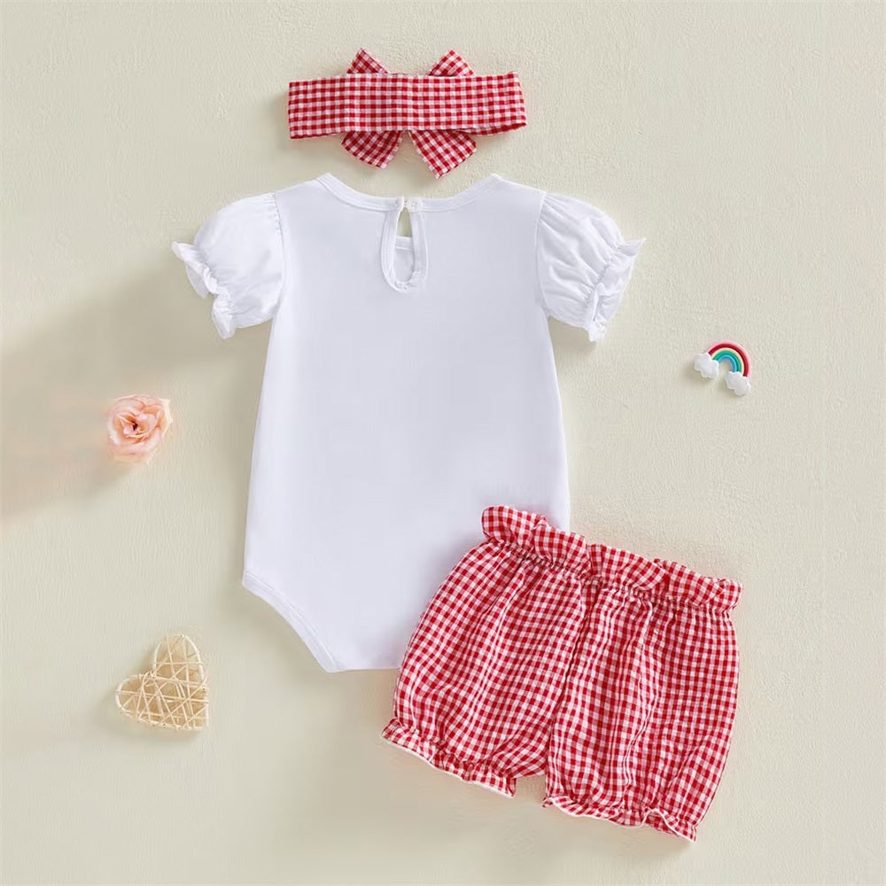 3PCS Cute Ladybug Printed Plaid Short Sleeve Baby Set